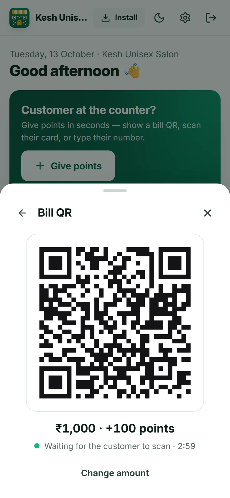 Bill QR for a ₹1,000 bill worth 100 points, waiting for the customer to scan