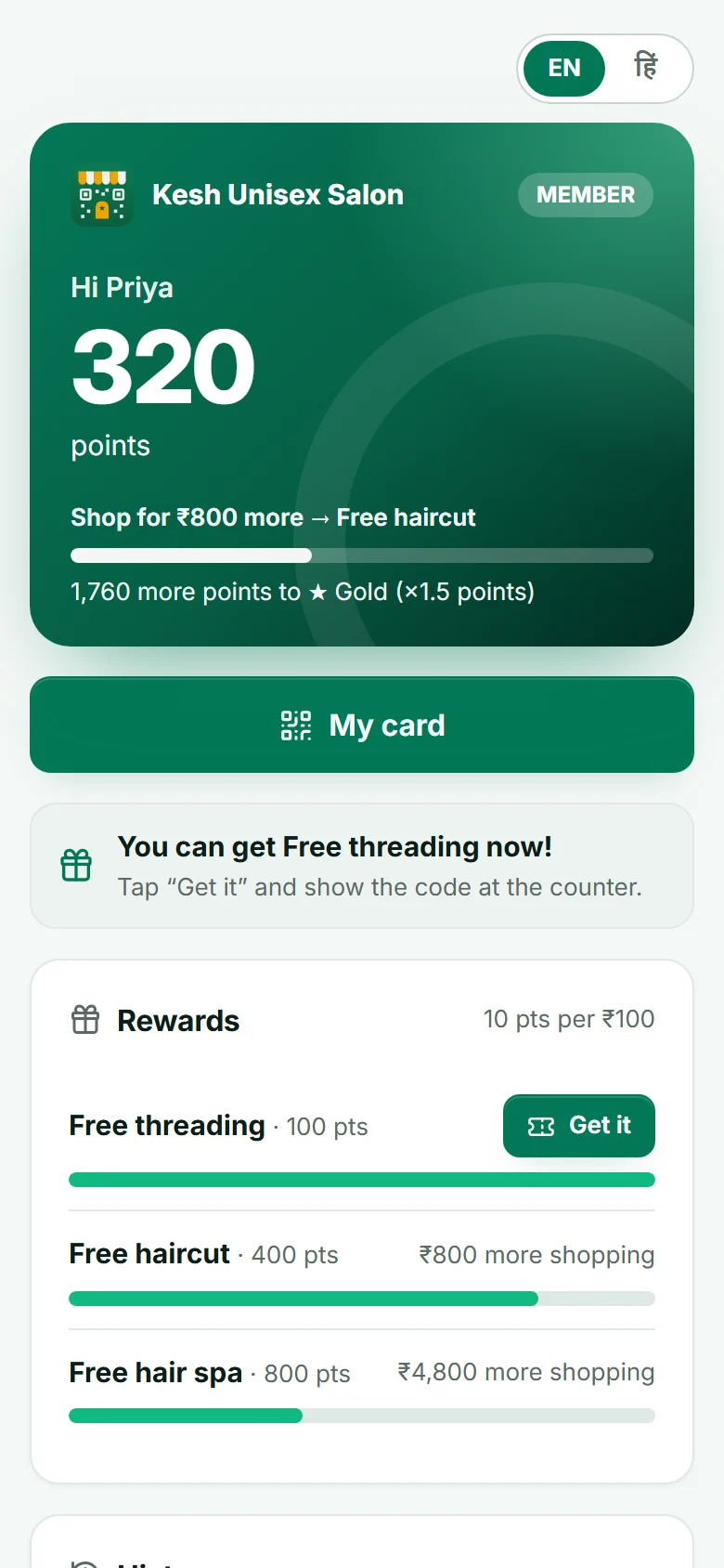 Priya's card at Kesh Unisex Salon: 320 points, shop for ₹800 more for free haircut